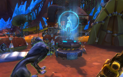 A blue glowing hologram of a pregnant woman, flanked by a sad wolf. 